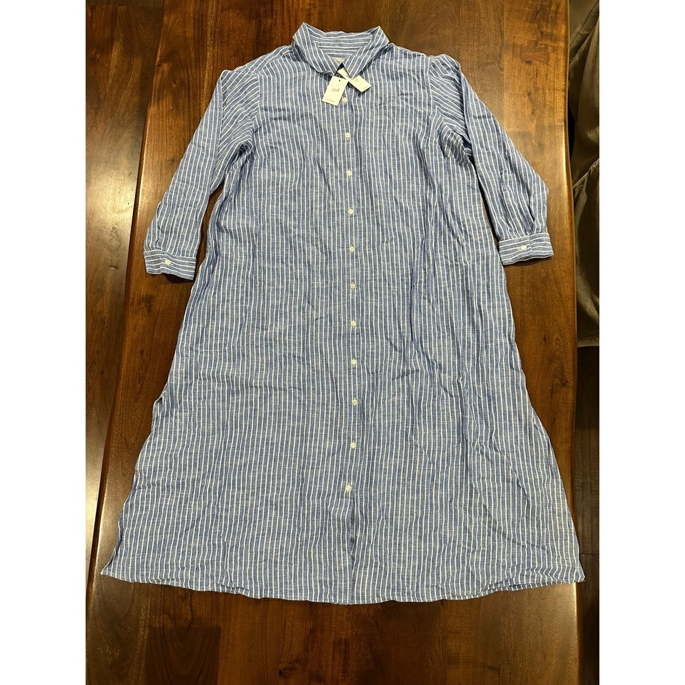 J. Jill Striped Linen Blend Button Front Shirt Dress Blue White Size XLP NWT